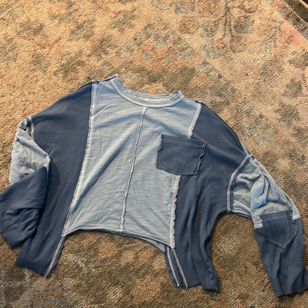 SHEIN Blue Patchwork Crew Neck Sweater